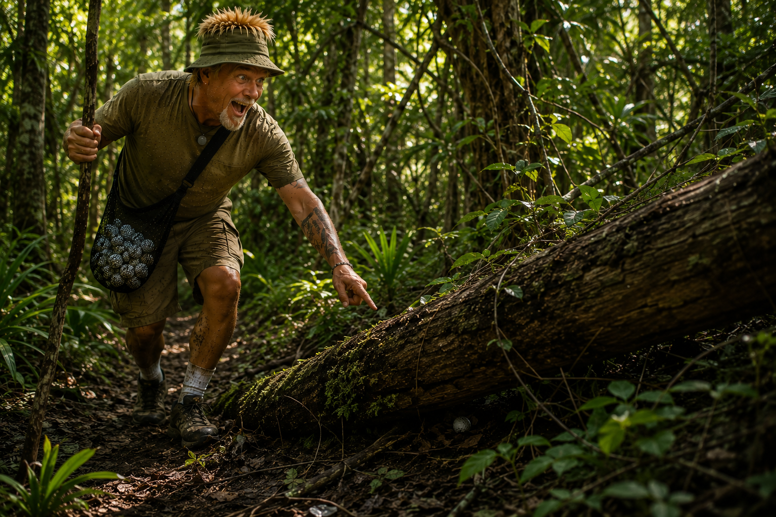 Danny Mulligan crouched in the jungle with a bag of golf balls, pointing excitedly at a lost golf ball beside a mossy log