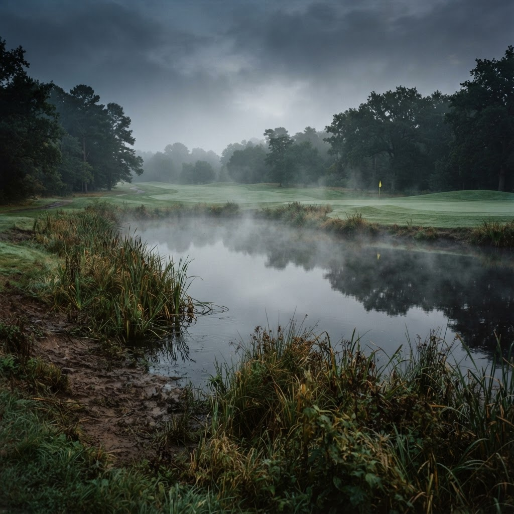 A misty golf course water hazard at dawn